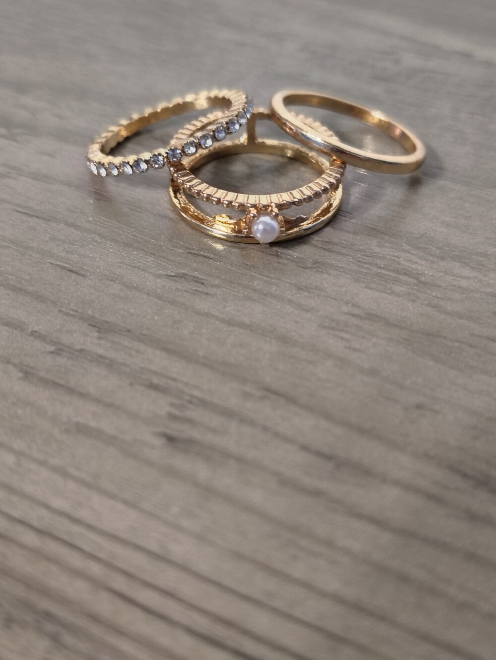 Gold Pearl & Crystal Stackable Rings- Set Of 3